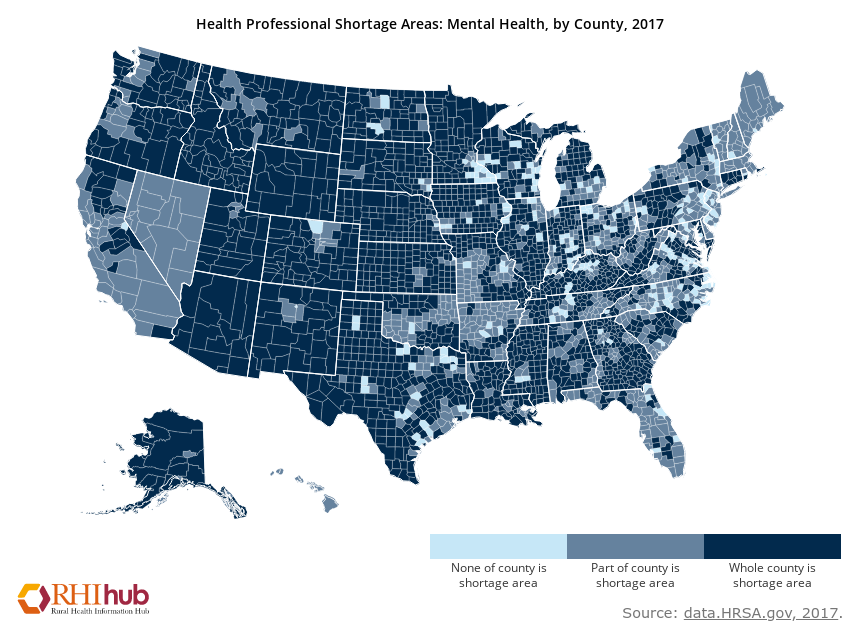 Map of United States counites to show health professional shortage areas in 2017