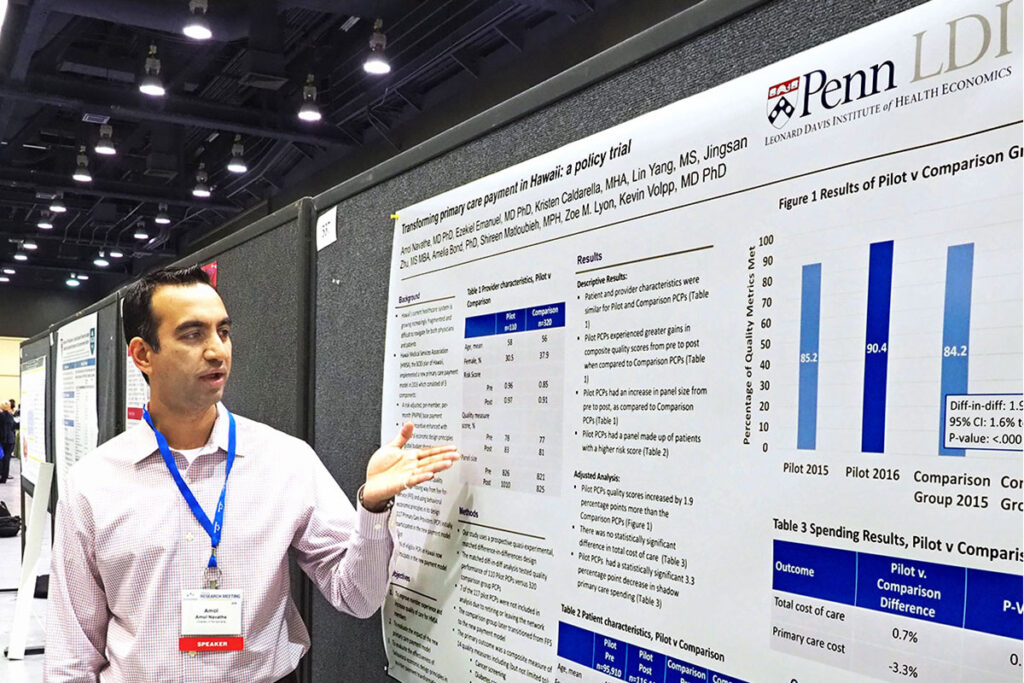 Perelman School of Medicine Assistant Professor Amol Navathe, MD, PhD, displays a poster about a study done in collaboration Blue Cross/Blue Shield of Hawaii