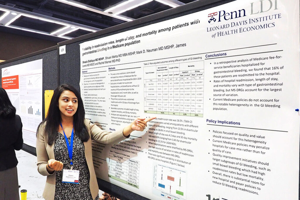 Shazia Siddique, MD, a fellow in Gastroenterology at the Perelman School with her 2018 AcademyHealth poster