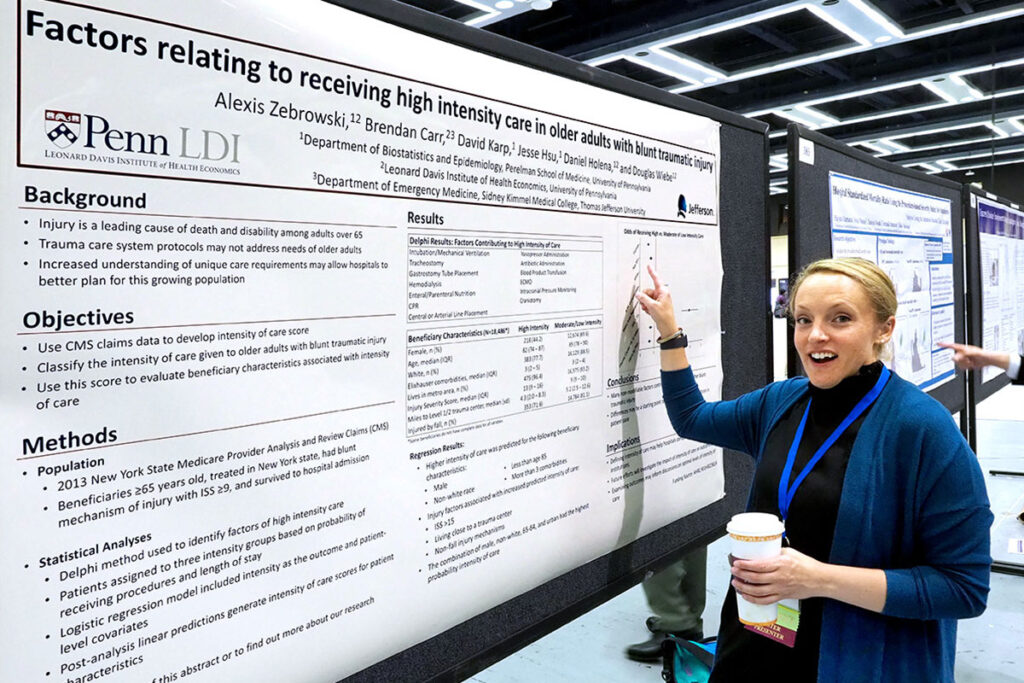 Penn's Alexis Zebrowski, MPH, PhD at her AcademyHealth poster about her study of variations in the treatment of traumatic injury in older adults