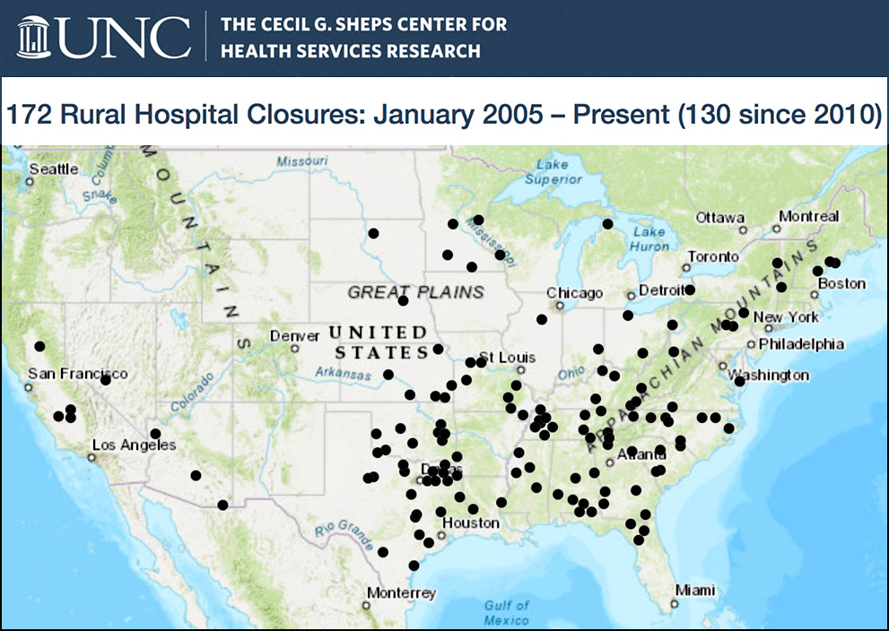 Chart of rural hospitals across the U.S. that have closed.