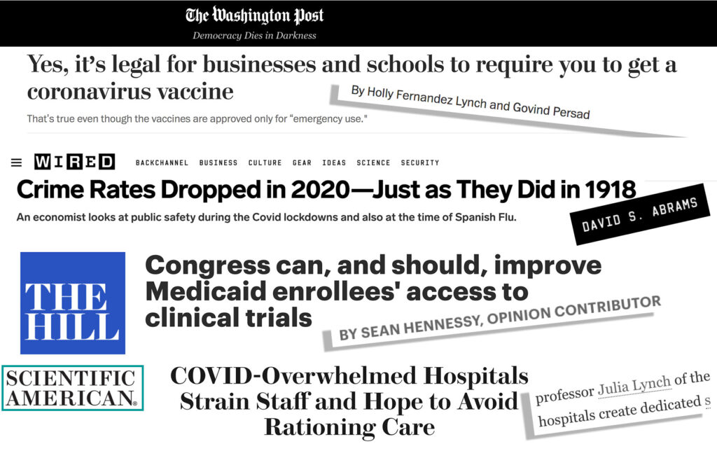 Mass media headlines of op-eds and articles involving Penn LDI Senior Fellows.