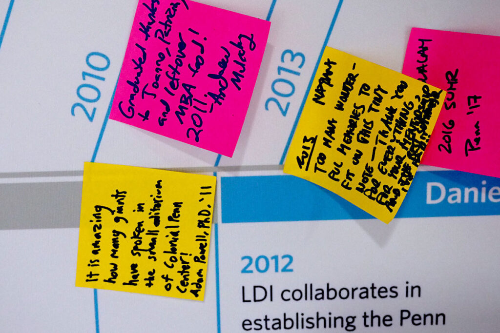 Sticky notes on the Penn LDI timeline board at the 2017 AcademyHealth Annual Research Meeting