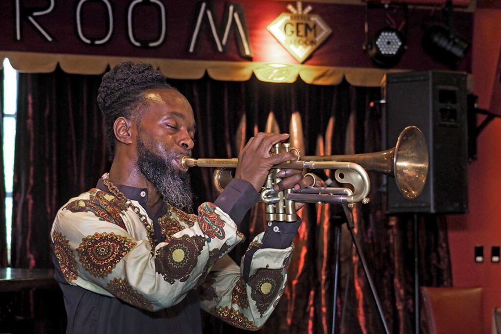 New Orleans trumpeteer Mario Abney playing in the Little Gem Saloon