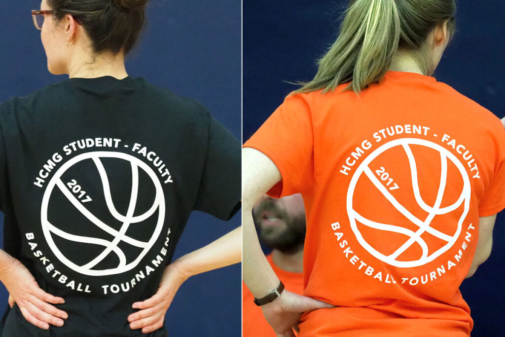 The black and orange shirts worn by the competing teams in the 2017 Wharton School faculty/PhD student basketball game