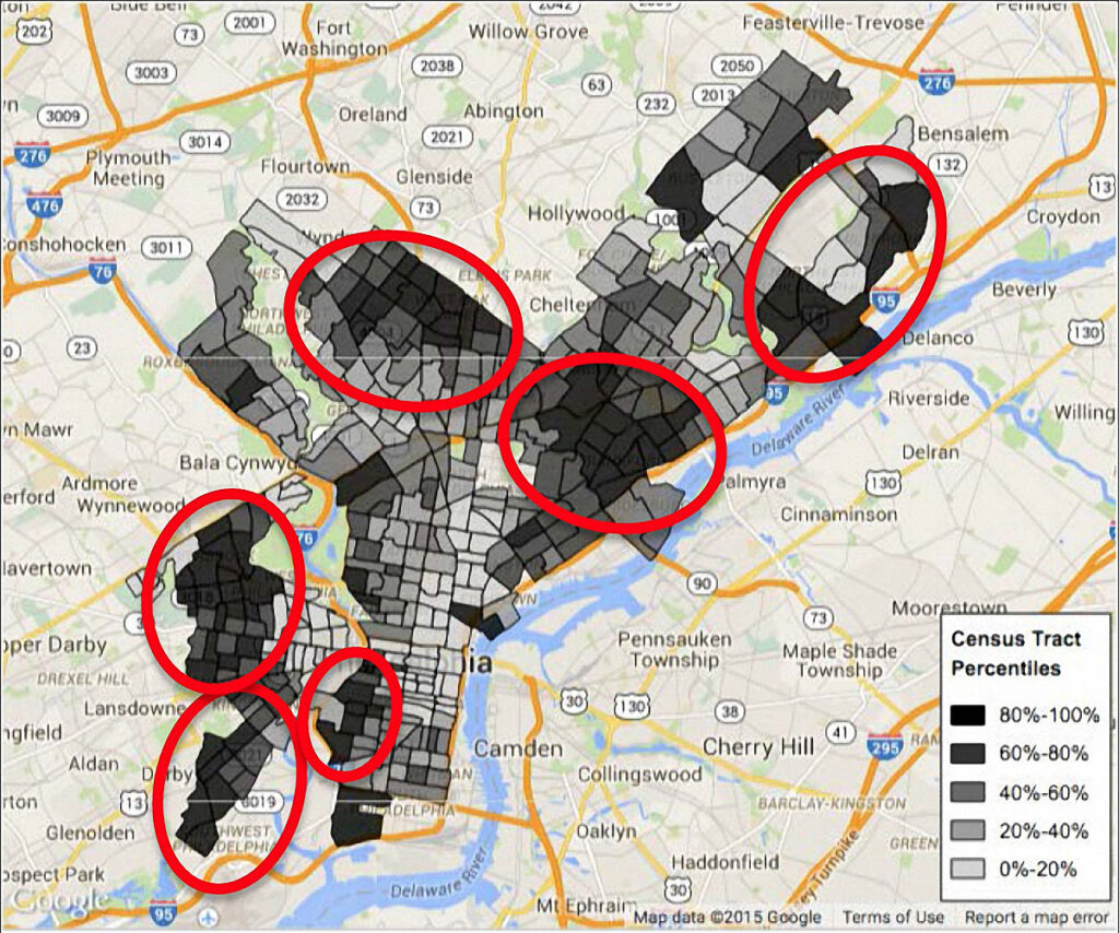 Map showing how African American and Hispanic neighborhoods have less access to primary care