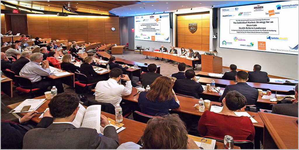 Inside a health care insurance conference at in the Penn Law School auditorium