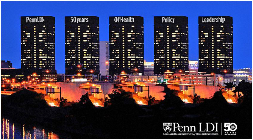Philadephia's PECO building crown lights displaying Penn LDI 50th anniversary message