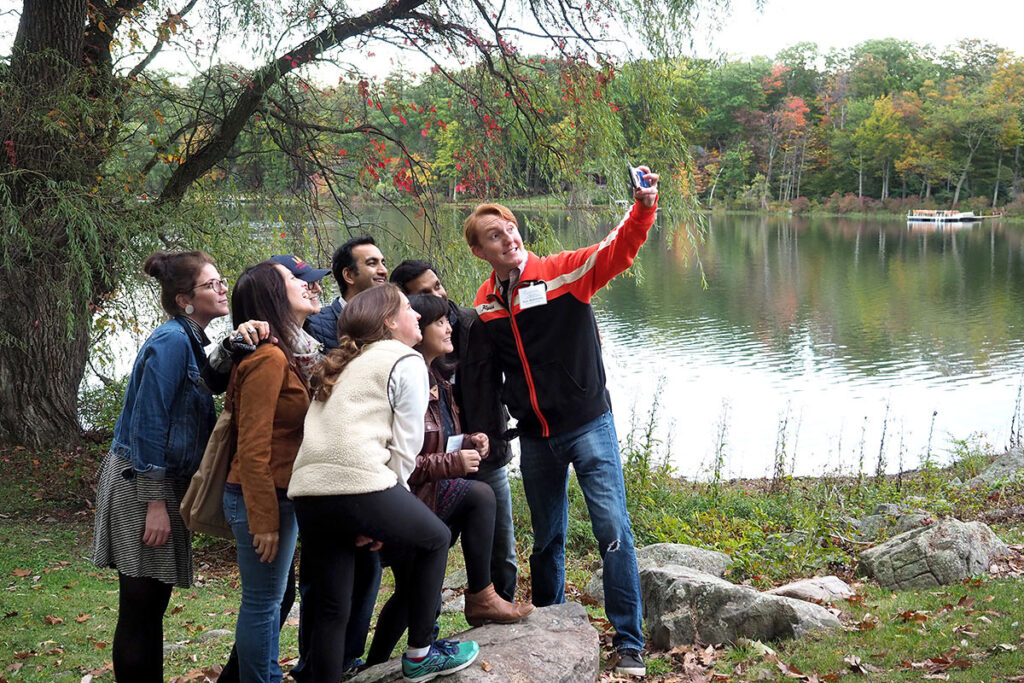 Penn and CMU scientists take a break from a symposium and explore the lake at Skytop