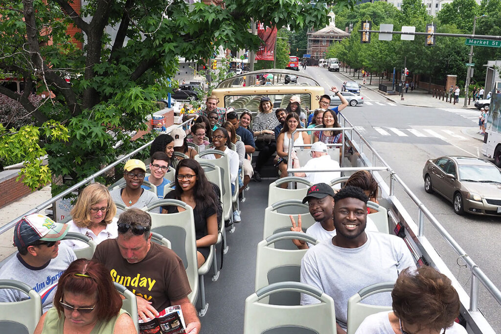 2017 cohort of Penn undergrad minority research scholars on open-topped Philadelphia tour bus