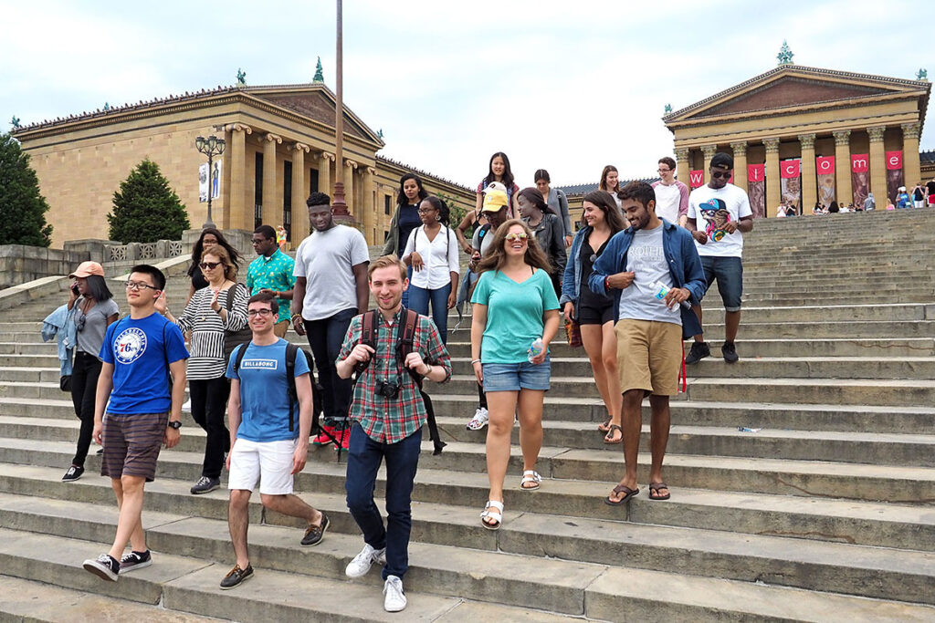 Students walking down the "Rocky Steps" of the Philadelphia Art Museum