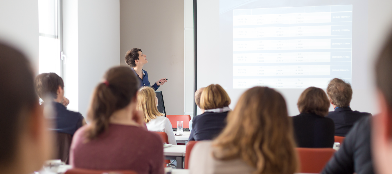 Woman giving presentation in conference room.