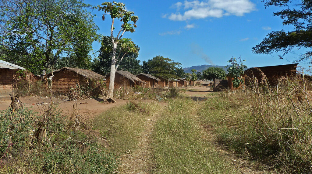 A dirt rut roads leads into a village in the African country of Malawi