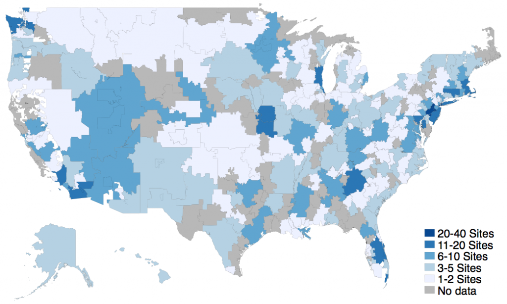 Map of the United States gynecologic oncology practice sites per hospital referral region in 2015 and 2019