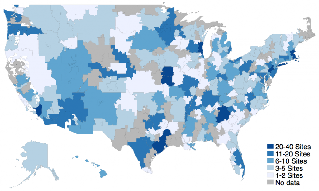 Distribution of unique gynecologic oncology practice sites per hospital referral region in and 2019